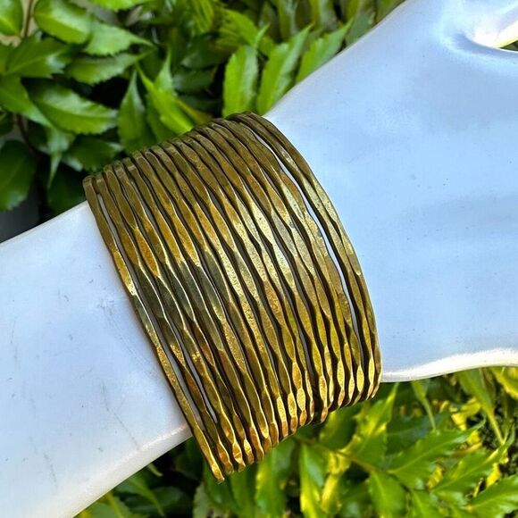 Banded gold tone open cuff bracelet - Picture 1 of 9
